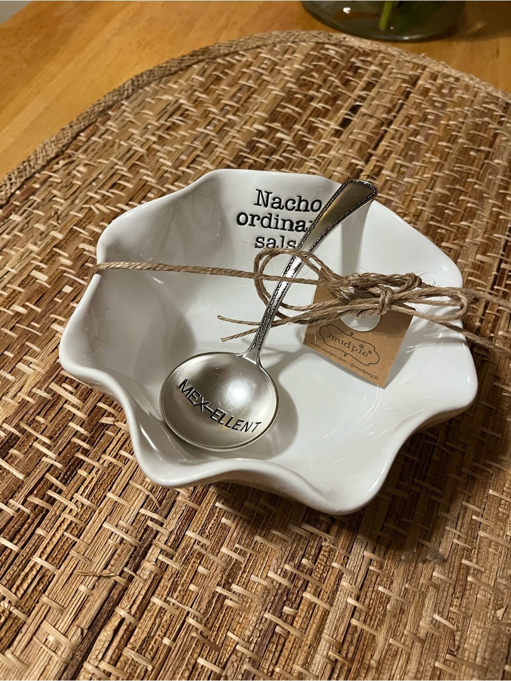 Mud Pie White Ceramic Nacho Dip Bowl with Silver 'MEX-ELLENT' Spoon